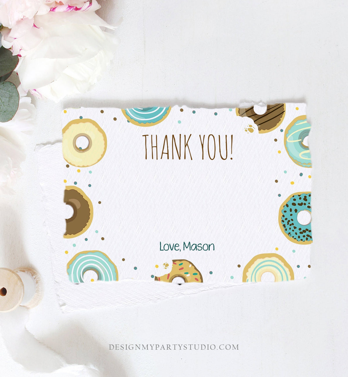 Editable Donut Thank You Card Note Blue Boy Birthday Party Doughnut Thank You Photo Sweet First Birthday 1st Corjl Template Printable 0050