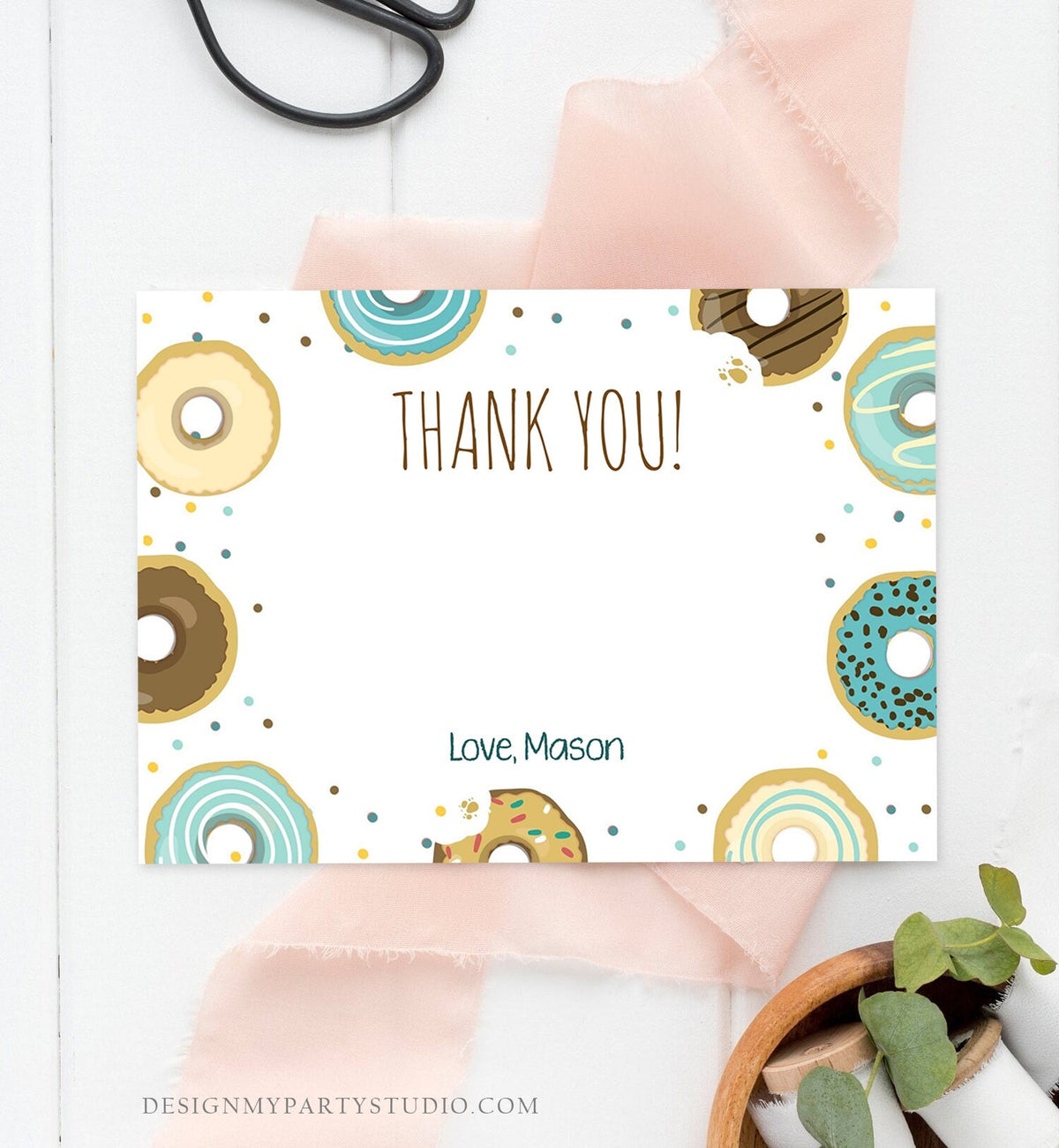 Editable Donut Thank You Card Note Blue Boy Birthday Party Doughnut Thank You Photo Sweet First Birthday 1st Corjl Template Printable 0050