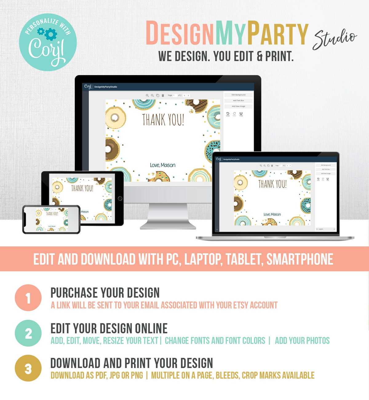 Editable Donut Thank You Card Note Blue Boy Birthday Party Doughnut Thank You Photo Sweet First Birthday 1st Corjl Template Printable 0050