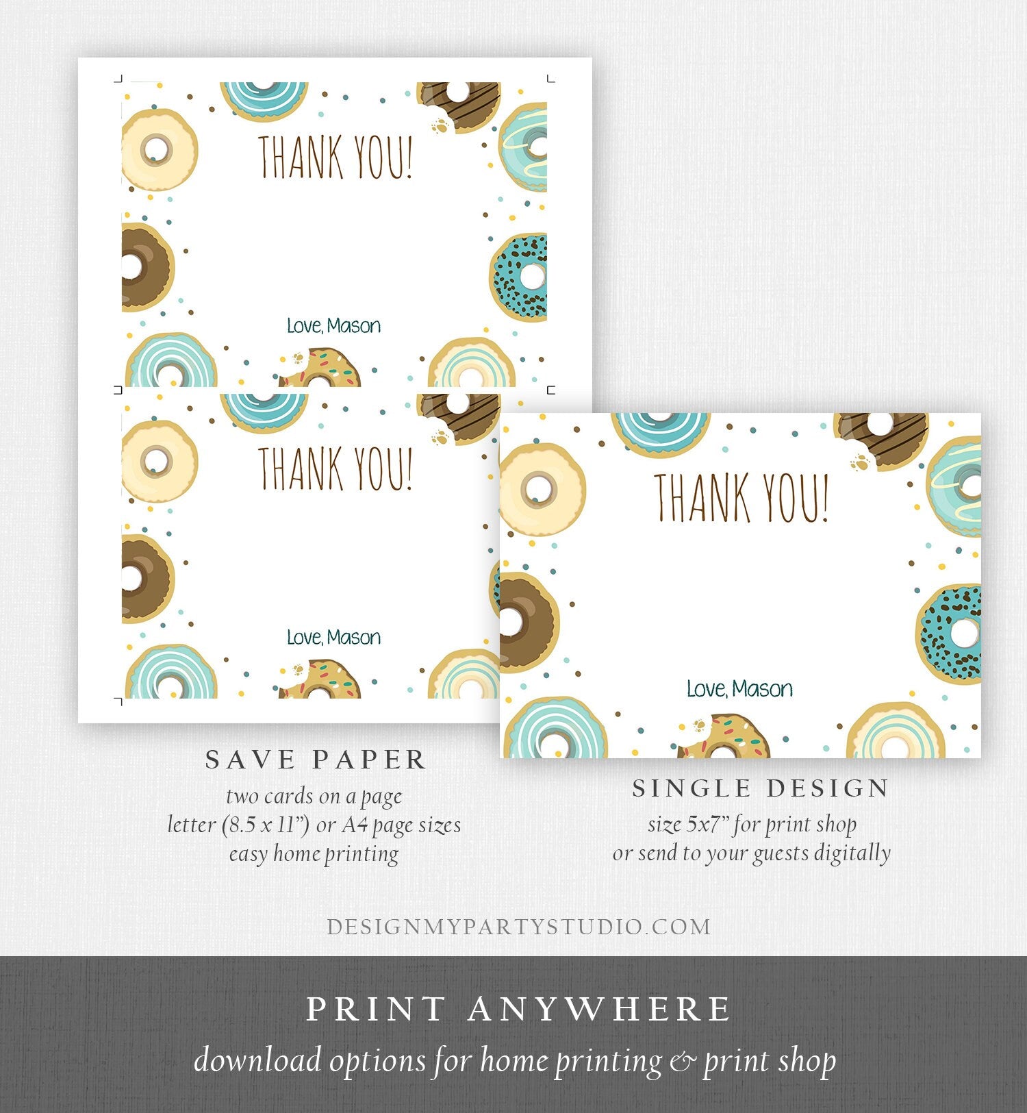 Editable Donut Thank You Card Note Blue Boy Birthday Party Doughnut Thank You Photo Sweet First Birthday 1st Corjl Template Printable 0050