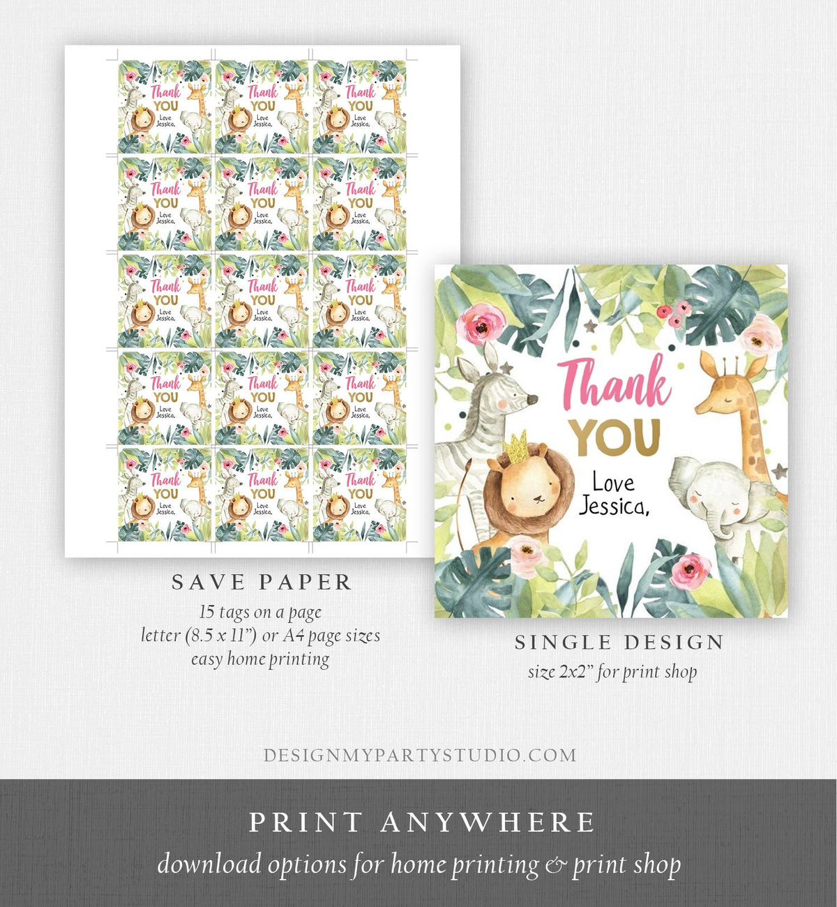 Editable Safari Animals Favor Tag Stickers Party Animals Pink Gold Thank You Animals Gift Tag Girl Lion Digital Template Printable 0163