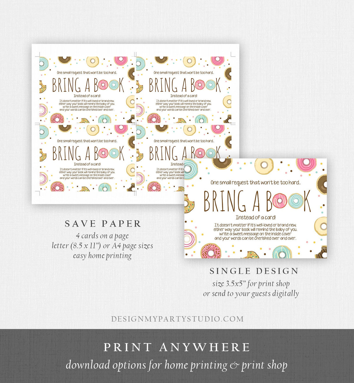 Editable Donut Bring a Book Card Pink Girl Baby Shower Sprinkle Book Insert Books for Baby Book Request Doughnut Digital Corjl Template 0050