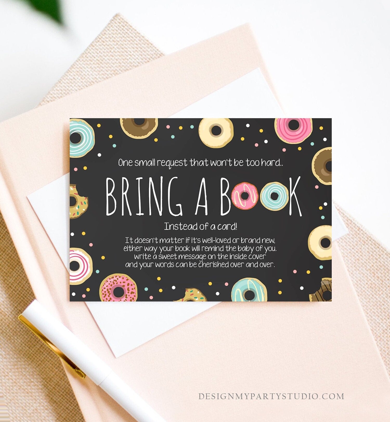 Editable Donut Bring a Book Card Pink Girl Baby Shower Sprinkle Book Insert Books for Baby Book Request Doughnut Digital Corjl Template 0050