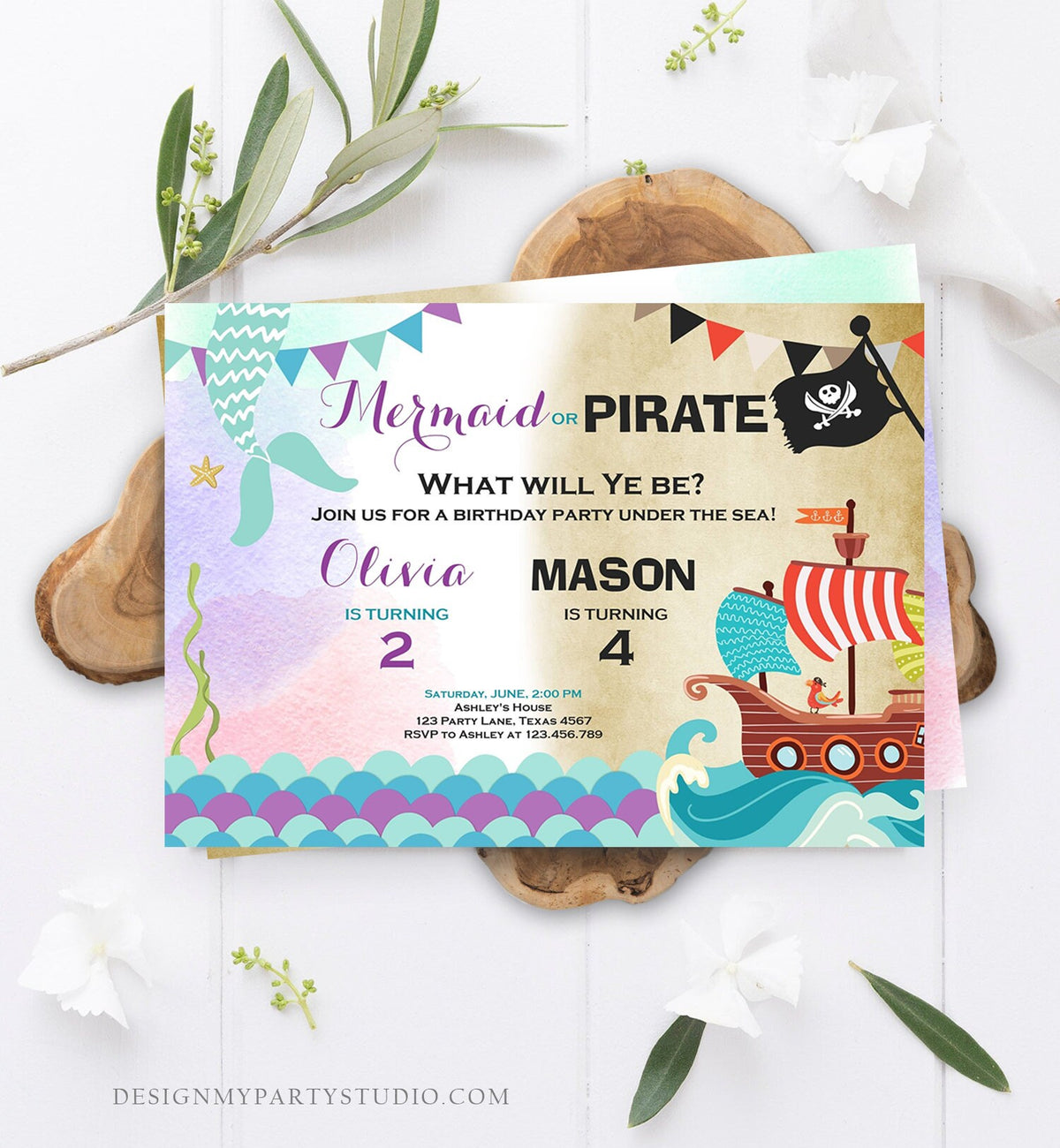 Editable Mermaid and Pirate Birthday Invitation Sibling Pirate or Mermaid Invite Boy and Girl Joint Download Printable Template Corjl 0293