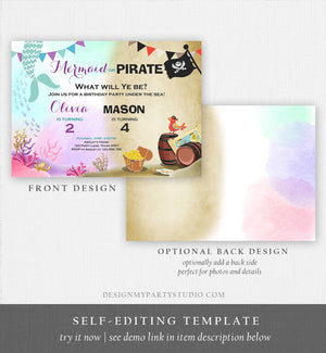 Editable Mermaid and Pirate Birthday Invitation Sibling Pirate or Mermaid Invite Boy and Girl Joint Download Printable Template Corjl 0293