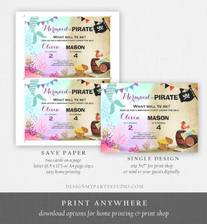 Editable Mermaid and Pirate Birthday Invitation Sibling Pirate or Mermaid Invite Boy and Girl Joint Download Printable Template Corjl 0293