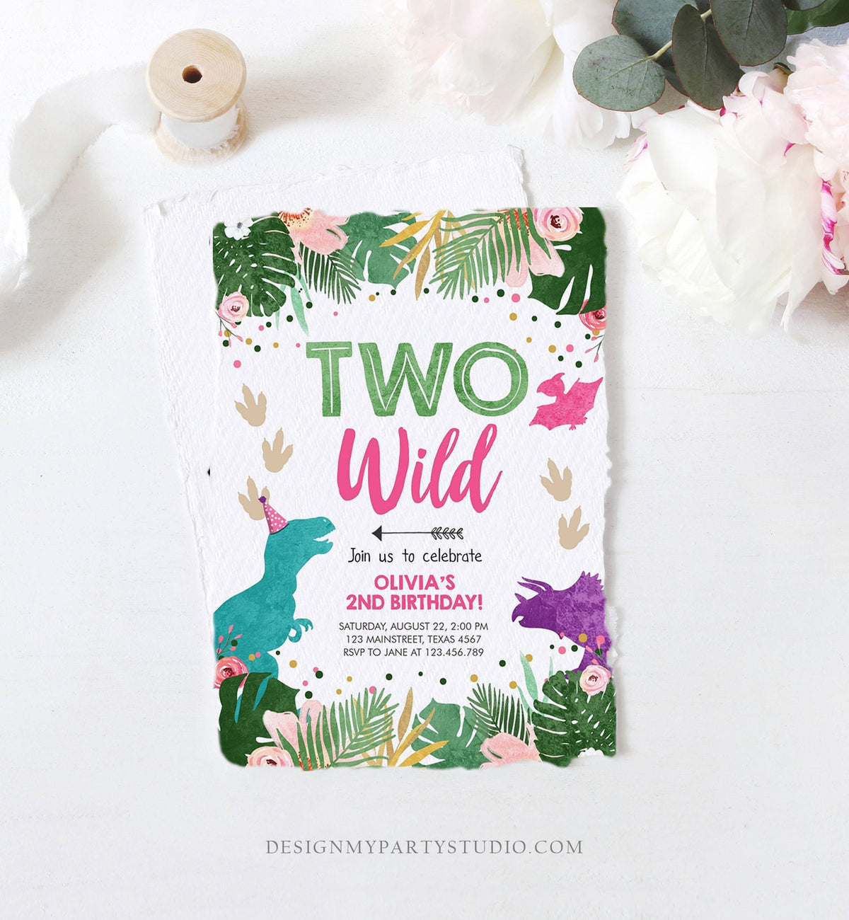 Editable Two Wild Birthday Invitation Dinosaur Dino Party Girl 2nd Second Birthday Born to Pink Purple Digital Evite Template Printable 0388