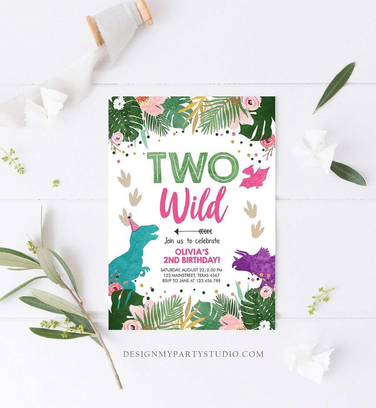 Editable Two Wild Birthday Invitation Dinosaur Dino Party Girl 2nd Second Birthday Born to Pink Purple Digital Evite Template Printable 0388