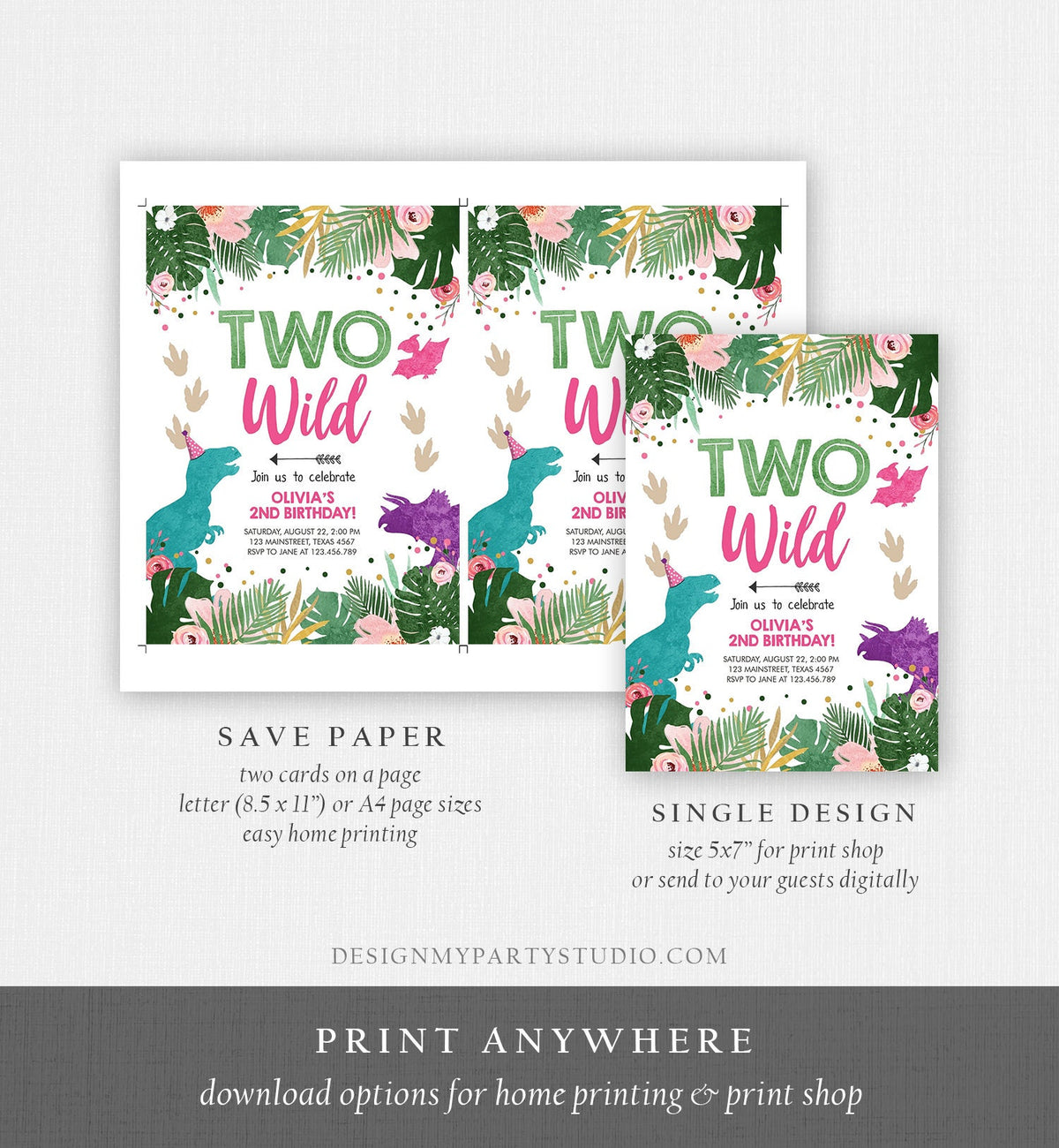 Editable Two Wild Birthday Invitation Dinosaur Dino Party Girl 2nd Second Birthday Born to Pink Purple Digital Evite Template Printable 0388