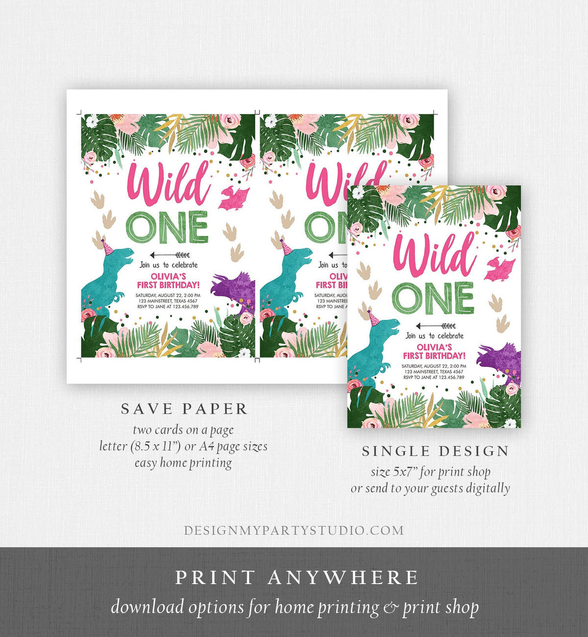 Editable Wild One Birthday Invitation Dinosaur Dino Party Girl 1st First Birthday Pink Purple Digital Download Evite Template Printable 0388