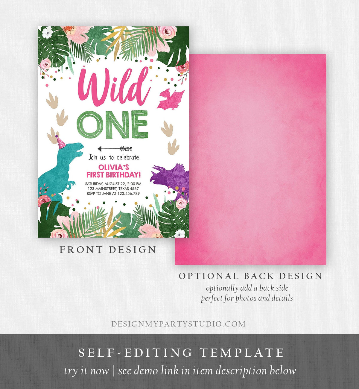 Editable Wild One Birthday Invitation Dinosaur Dino Party Girl 1st First Birthday Pink Purple Digital Download Evite Template Printable 0388