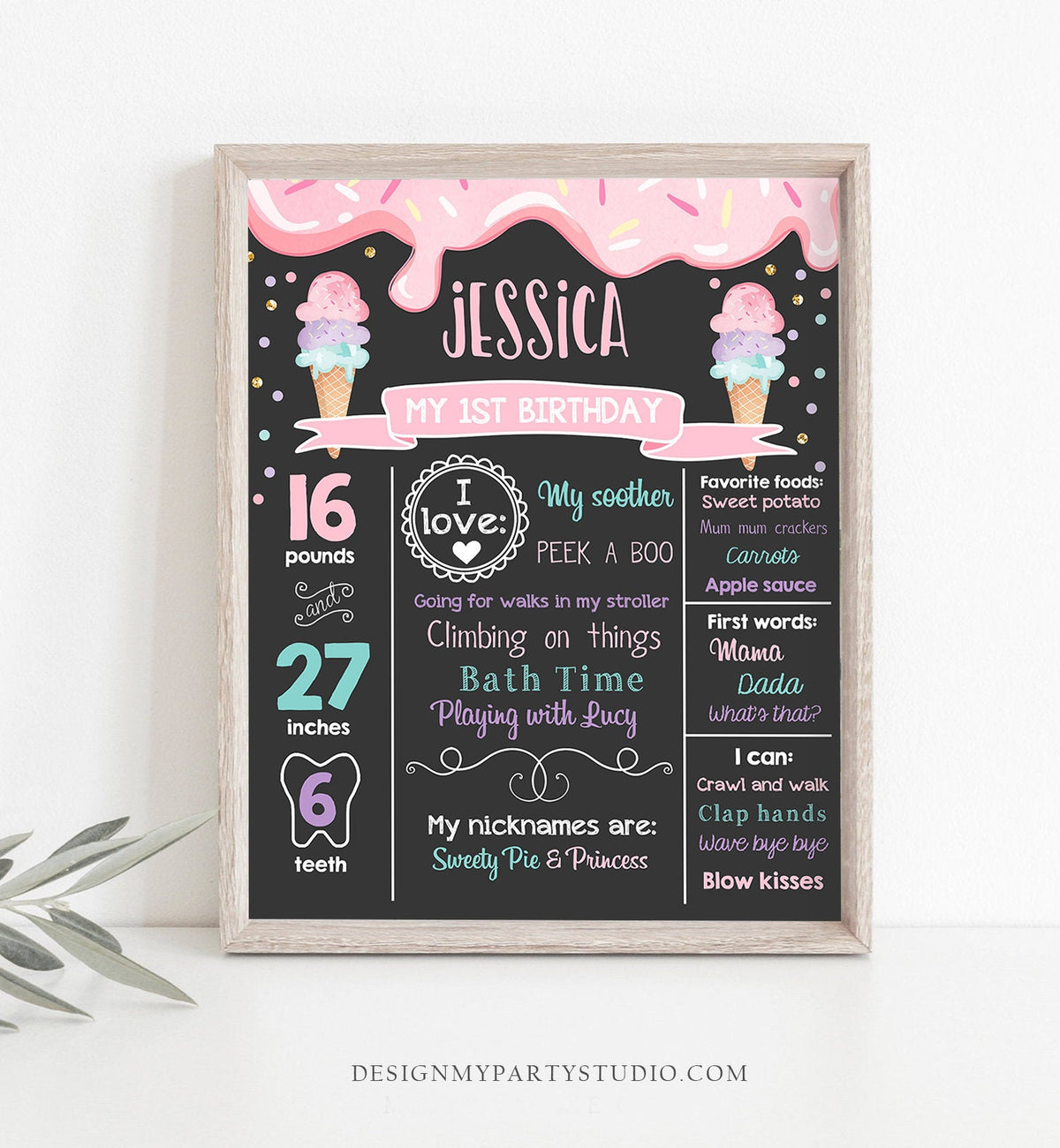 Editable Ice Cream Birthday Milestone Sign Poster Girl Pink First Birthday 1st Cone Sweet One Digital Download Template Printable 0243