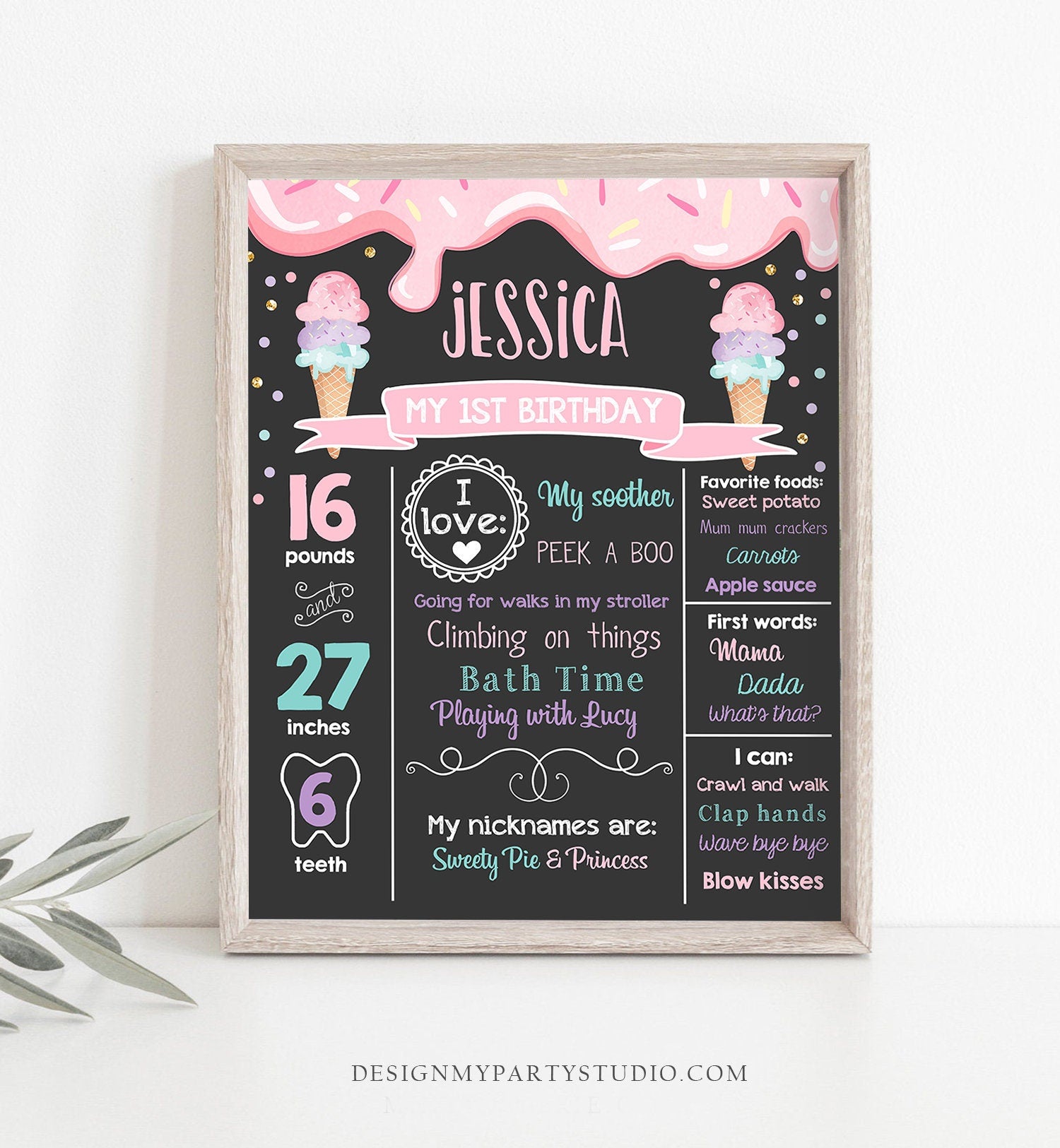 Editable Ice Cream Birthday Milestone Sign Poster Girl Pink First Birthday 1st Cone Sweet One Digital Download Template Printable 0243