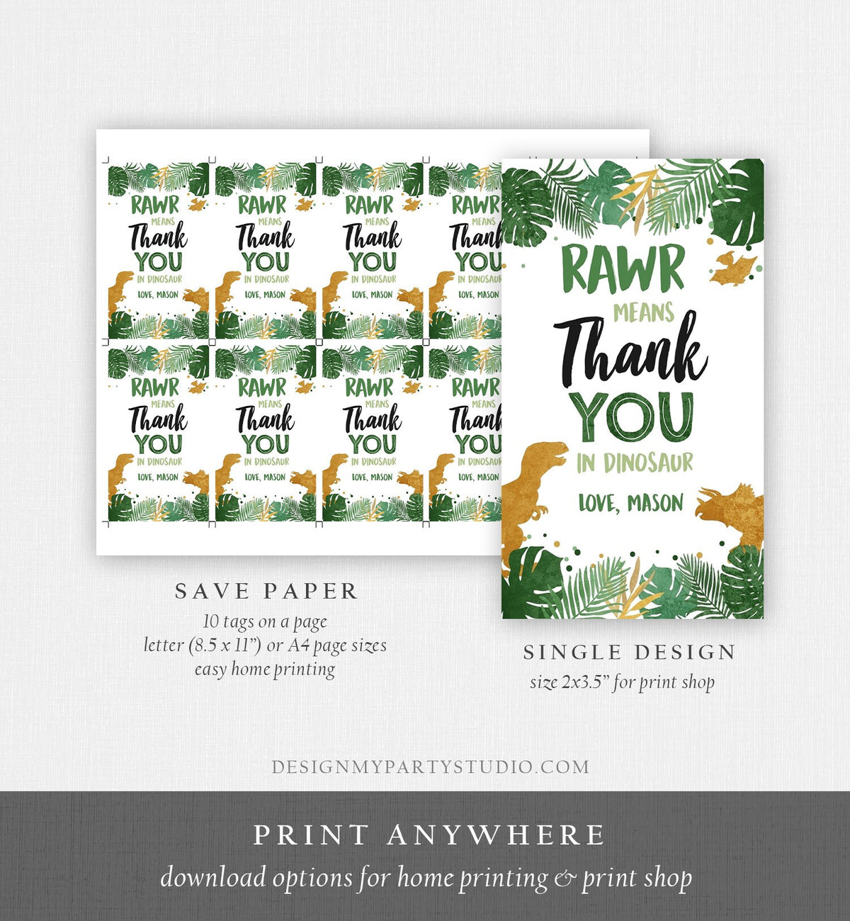Editable Gold Dinosaur Gift Tags Dino Thank You for Stomping By Boy RAWR Means Thank You Favor Tags Dino Party Corjl Template Printable 0146