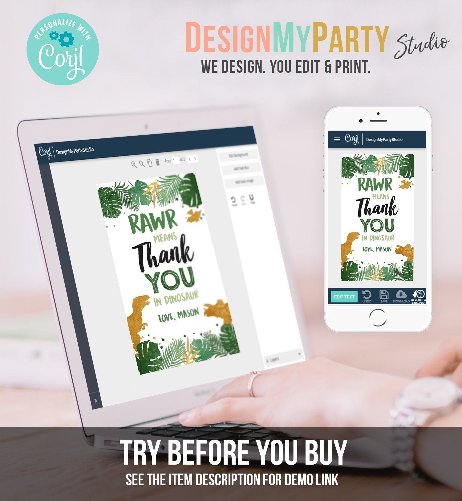 Editable Gold Dinosaur Gift Tags Dino Thank You for Stomping By Boy RAWR Means Thank You Favor Tags Dino Party Corjl Template Printable 0146