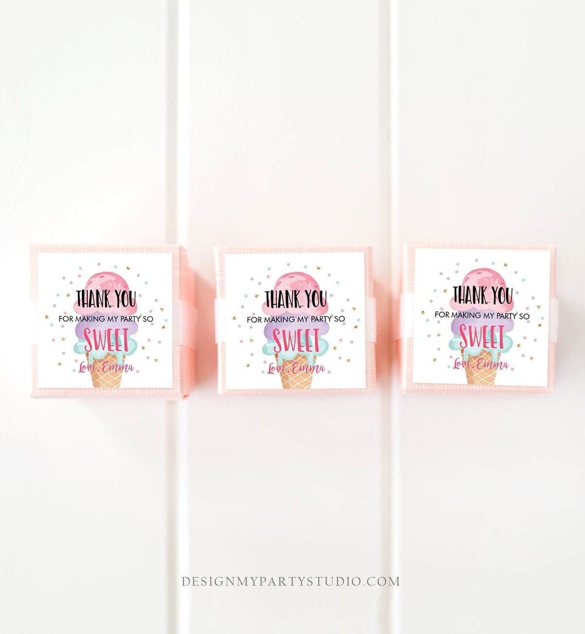 Editable Ice Cream Thank You Tag Round Ice Cream Stickers Girl Birthday Pink Ice Cream Sweet Favor Tag Corjl Template Printable 0243