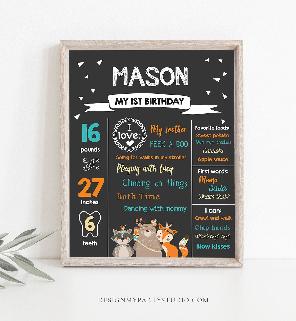 Editable Tribal Woodland Birthday Milestones Sign Wild One First Birthday 1st Boy Boho Woodland Animals Corjl Template Printable 0061