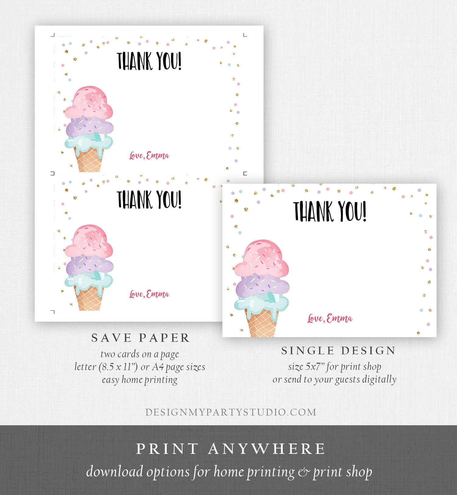 Editable Ice Cream Thank You Card Ice Cream Birthday Thank you Note Girl Birthday Summer Download Printable Template Digital Corjl 0243