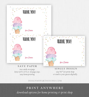 Editable Ice Cream Thank You Card Ice Cream Birthday Thank you Note Girl Birthday Summer Download Printable Template Digital Corjl 0243