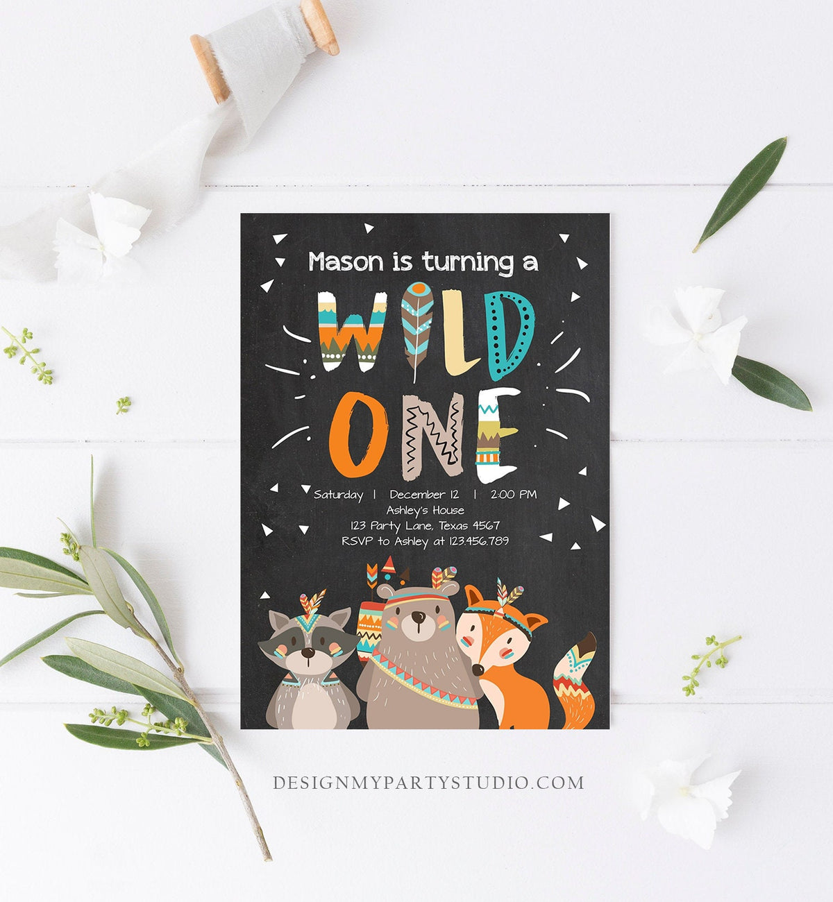Editable Tribal Woodland Wild One First Birthday Invitation Boho Woodland Animals Boy Chalk Download Printable Template Corjl Digital 0061