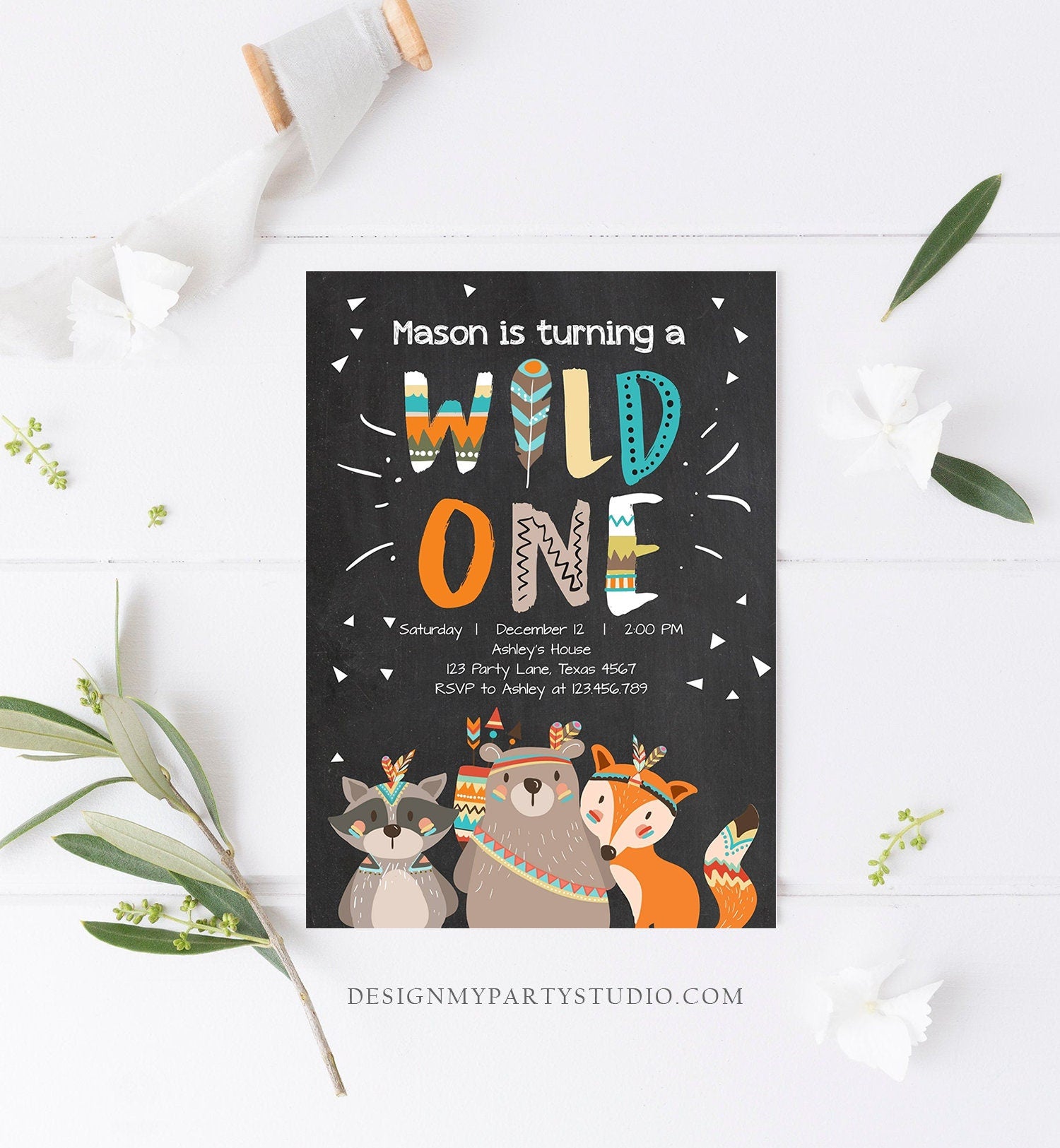 Editable Tribal Woodland Wild One First Birthday Invitation Boho Woodland Animals Boy Chalk Download Printable Template Corjl Digital 0061