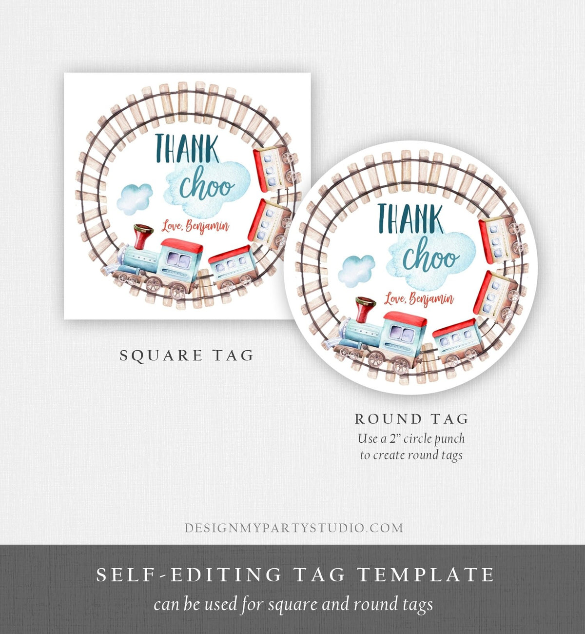 Editable Train Favor Tag Birthday Stickers Thank Choo Thank You Chugga Choo Red Blue Boy Cupcake Rails Digital Template Printable 0149