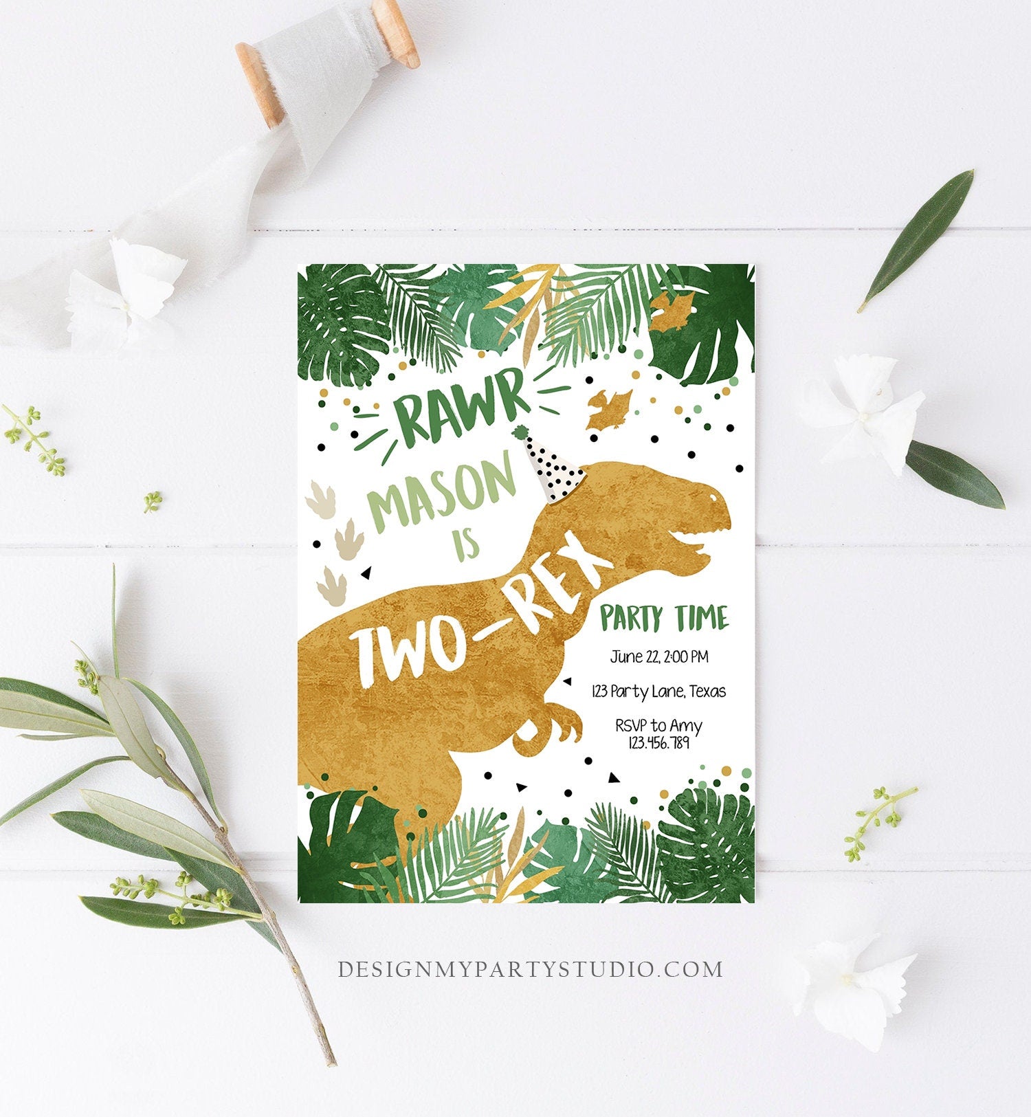 Editable Two-Rex Dinosaur Birthday Invitation Dino T-Rex Boy Second Birthday 2nd RAWR ROAR Prehistoric Digital Template Printable 0146