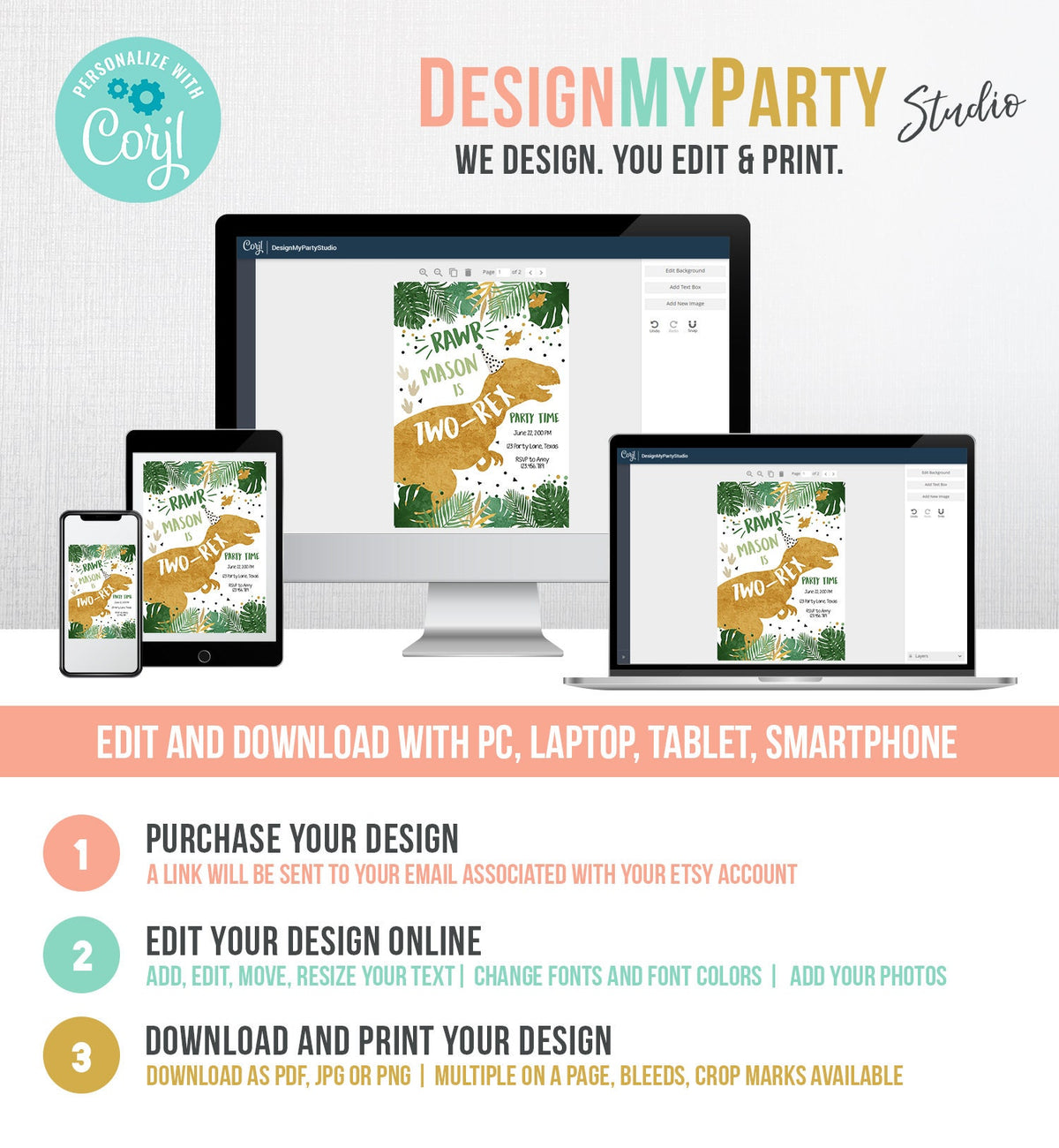 Editable Two-Rex Dinosaur Birthday Invitation Dino T-Rex Boy Second Birthday 2nd RAWR ROAR Prehistoric Digital Template Printable 0146