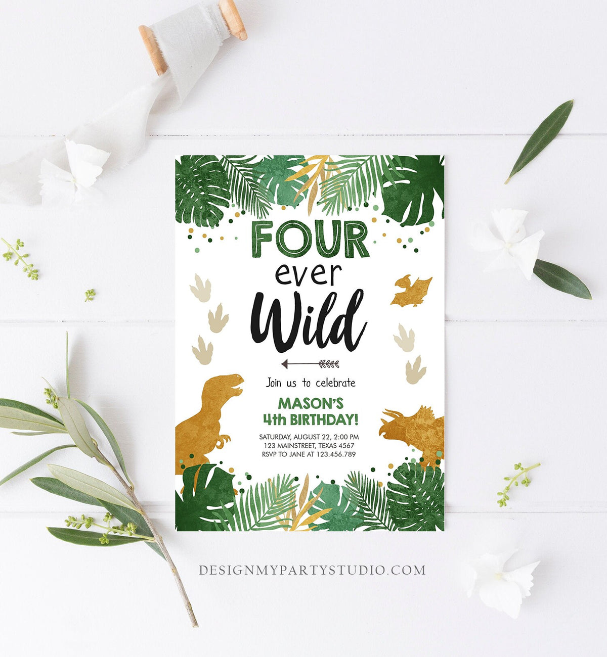 Editable Four Ever Wild Dinosaur Birthday Invitation Dino Party Boy 4th TRex Green Gold Fourever Digital Template Printable Evite 0146