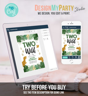 Editable Two Wild Birthday Invitation Dinosaur Dino Party Boy 2nd Second Birthday Green Gold In Two the Wild Corjl Template Printable 0146