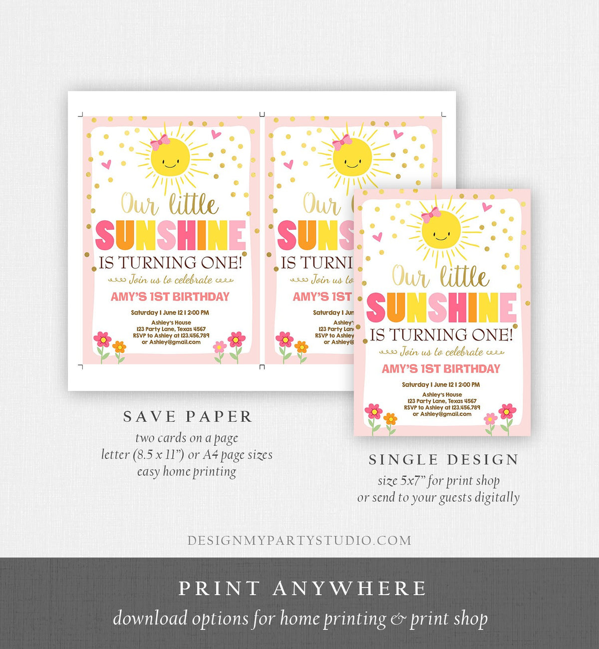 Editable Our Little Sunshine Birthday Invitation Girl Sunshine Party First Birthday 1st Party Pink Girl Bow Digital Template Printable 0070