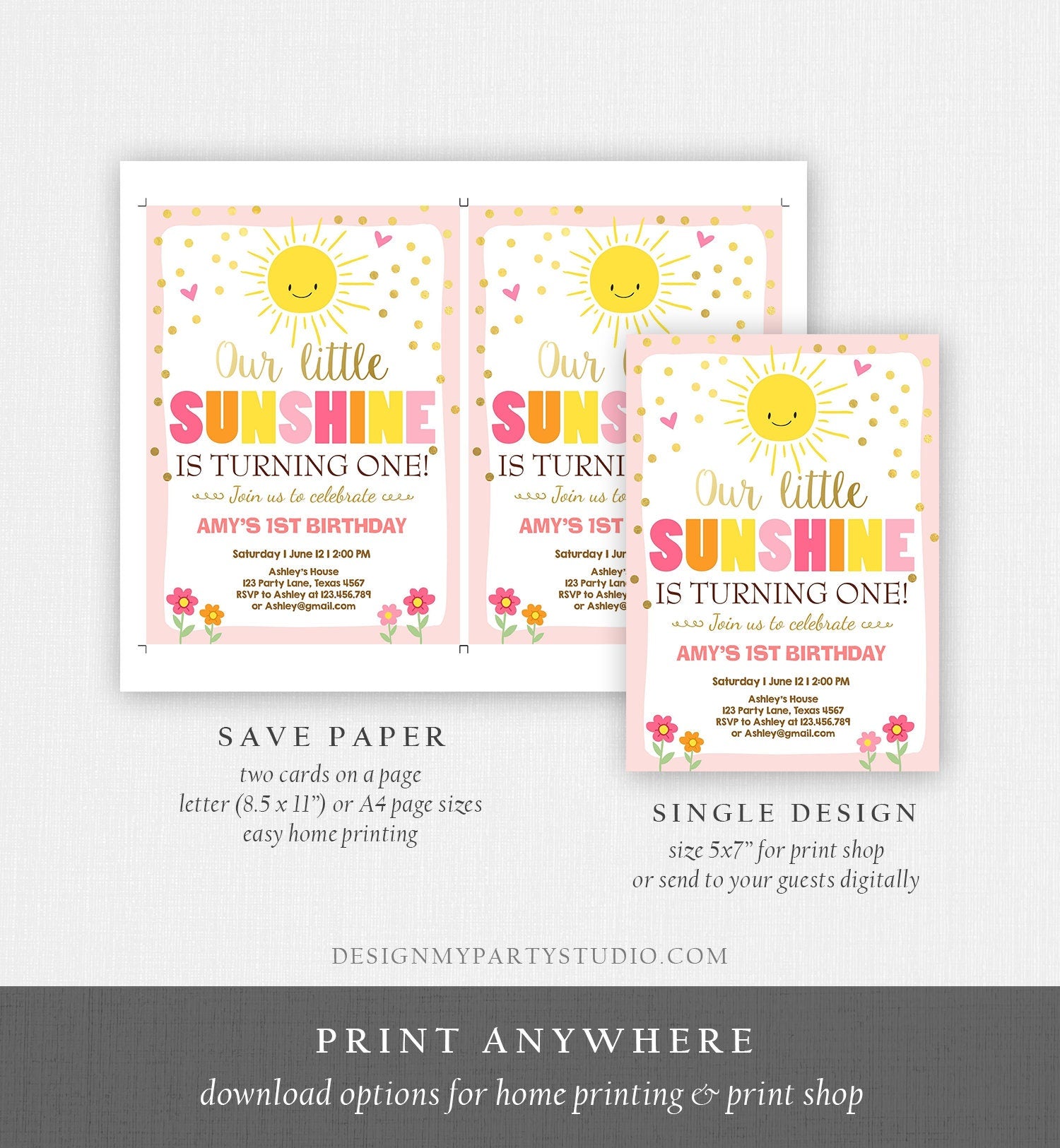 Editable Our Little Sunshine Birthday Invitation Summer Sunshine Party First Birthday 1st Party Pink Girl Bow Download Corjl Template 0070