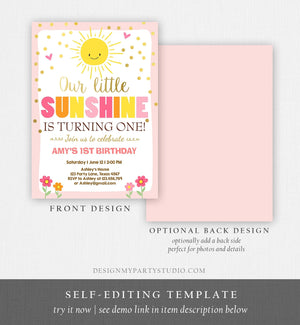 Editable Our Little Sunshine Birthday Invitation Summer Sunshine Party First Birthday 1st Party Pink Girl Bow Download Corjl Template 0070