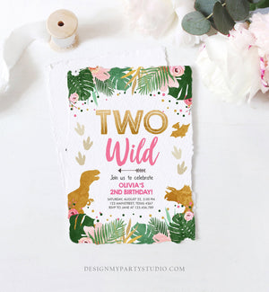 Editable Two Wild Birthday Invitation Dinosaur Dino Party Girl 2nd Second Birthday Pink Gold In Two the Wild Corjl Template Printable 0146