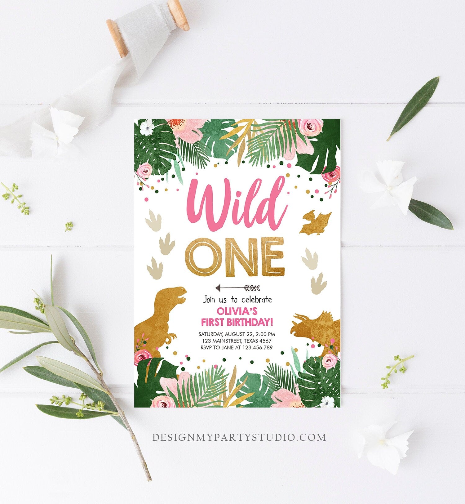 Editable Wild One Birthday Invitation Dinosaur Dino Party Girl 1st First Birthday Pink Gold Born to be Wild Corjl Template Printable 0146