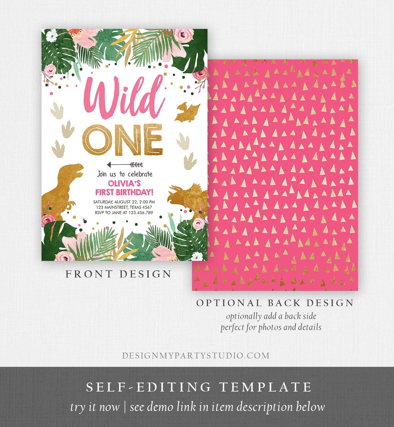 Editable Wild One Birthday Invitation Dinosaur Dino Party Girl 1st First Birthday Pink Gold Born to be Wild Digital Template Printable 0146