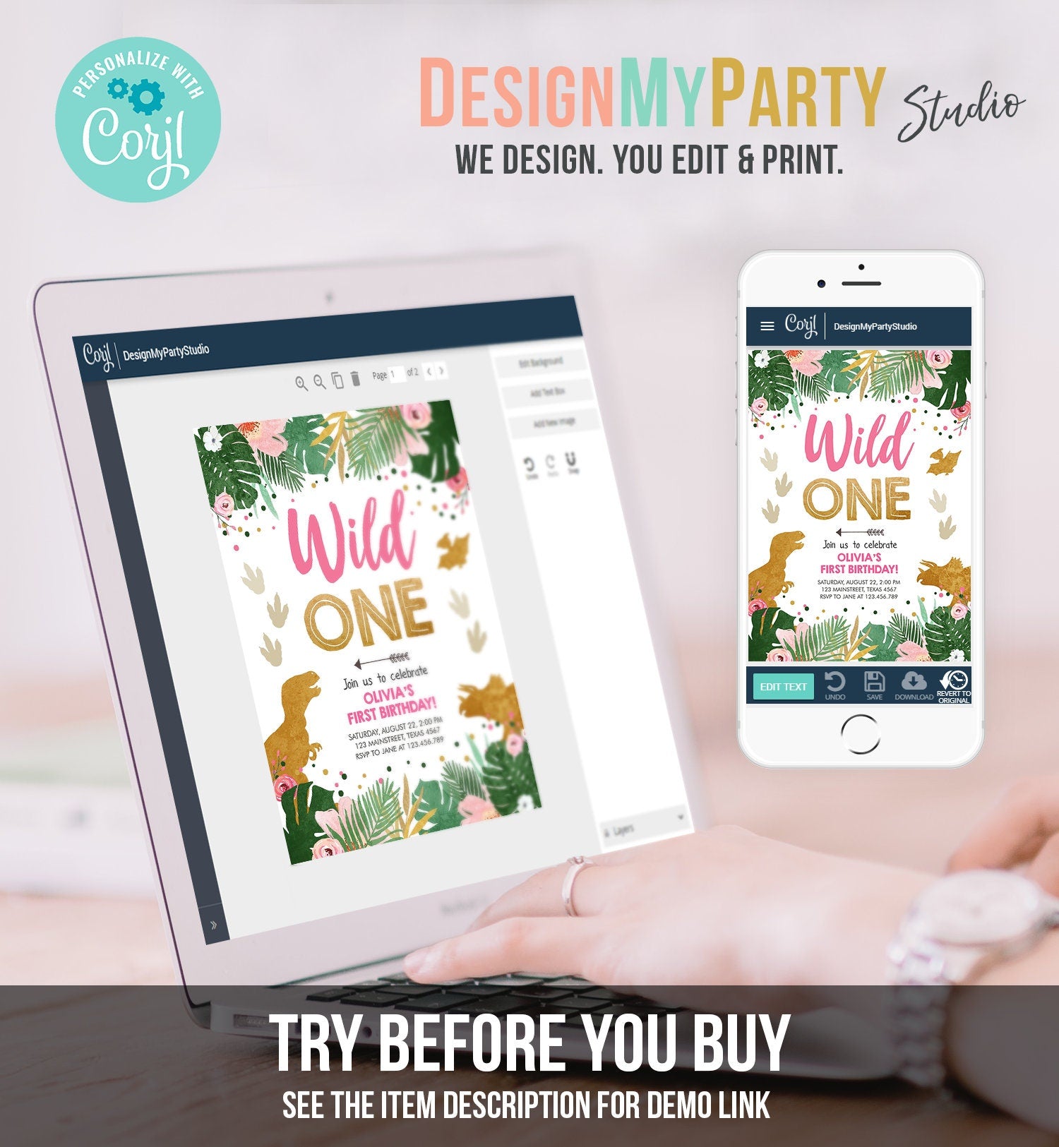 Editable Wild One Birthday Invitation Dinosaur Dino Party Girl 1st First Birthday Pink Gold Born to be Wild Digital Template Printable 0146