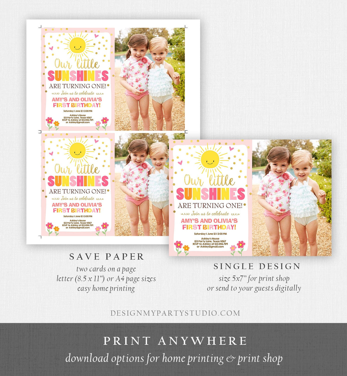 Editable Birthday Invitation Twins Little Sunshines Girls Siblings Pink Gold Girl Summer Download Printable Invitation Template Corjl 0070