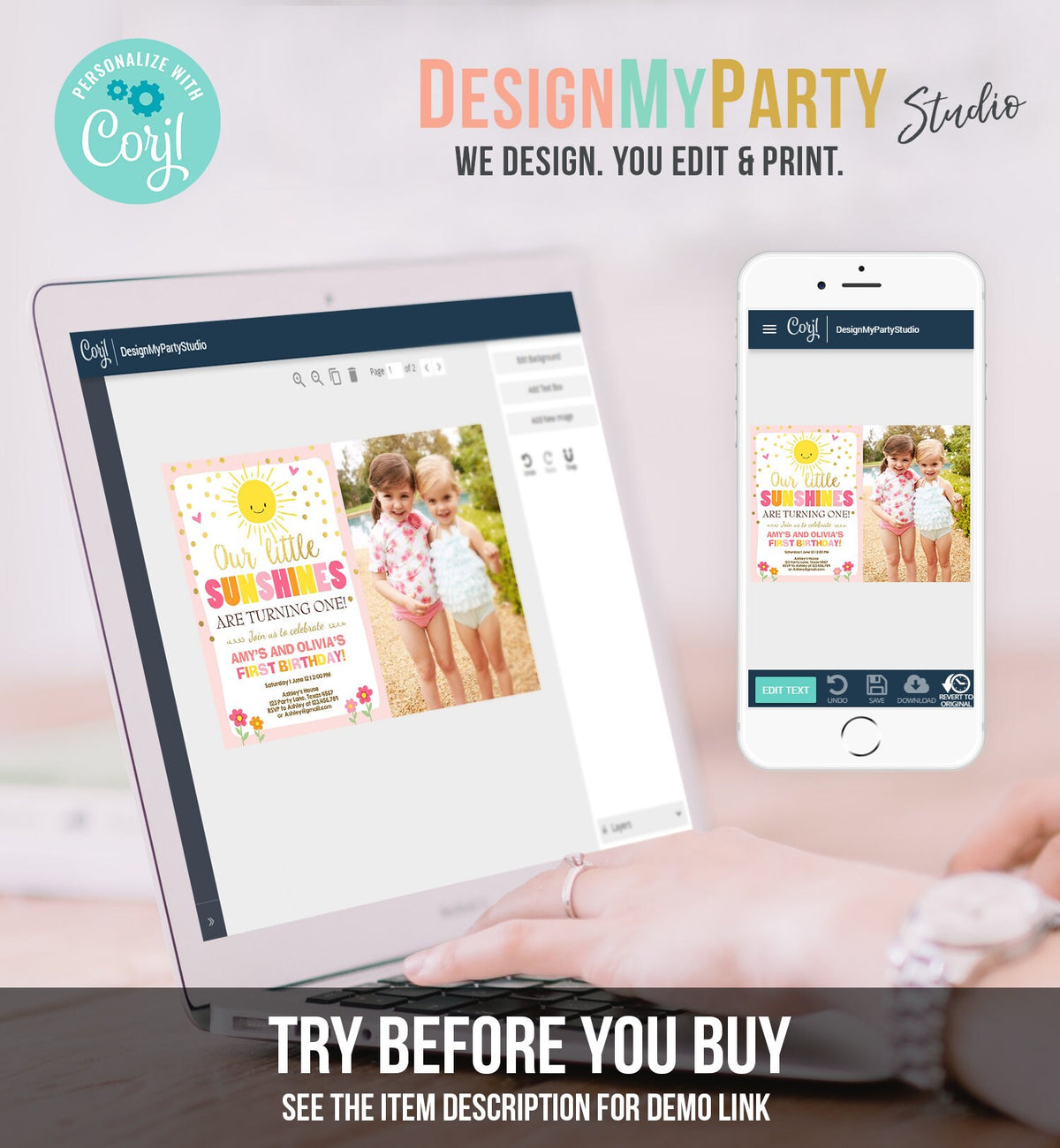 Editable Birthday Invitation Twins Little Sunshines Girls Siblings Pink Gold Girl Summer Download Printable Invitation Template Corjl 0070