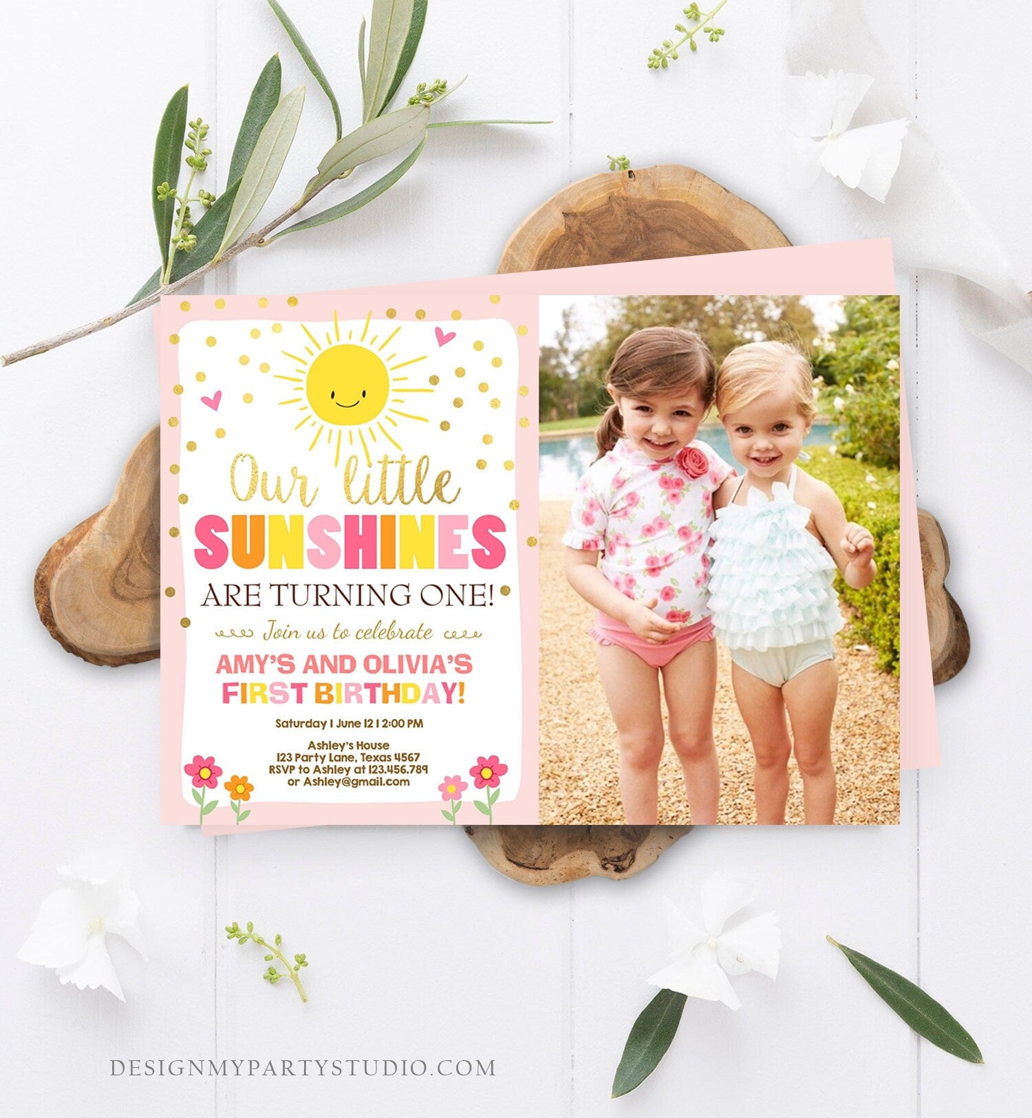 Editable Birthday Invitation Twins Little Sunshines Girls Siblings Pink Gold Girl Summer Download Printable Invitation Template Corjl 0070