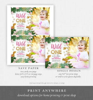 Editable Wild One Birthday Invitation Dinosaur Dino Party Girl 1st First Birthday Pink Gold Born to be Wild Corjl Template Printable 0146