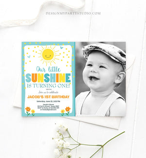 Editable Little Sunshine Birthday Invitation Boy Sunshine Party 1st First Birthday Blue Download Printable Invitation Template Corjl 0070