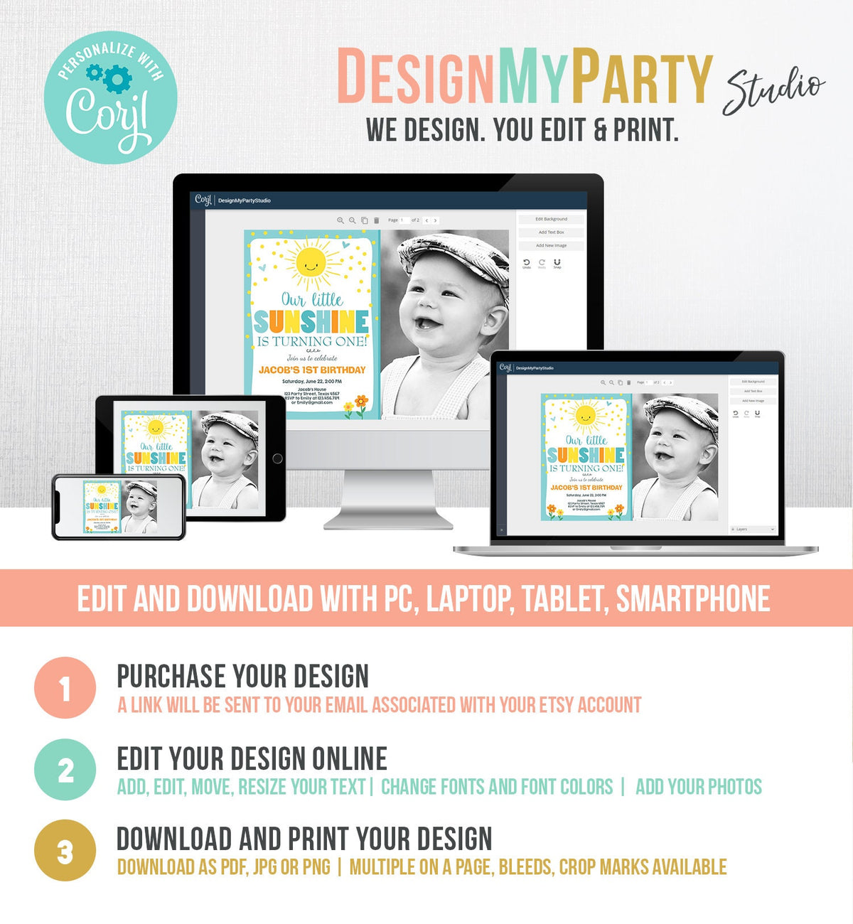 Editable Little Sunshine Birthday Invitation Boy Sunshine Party 1st First Birthday Blue Download Printable Invitation Template Corjl 0070