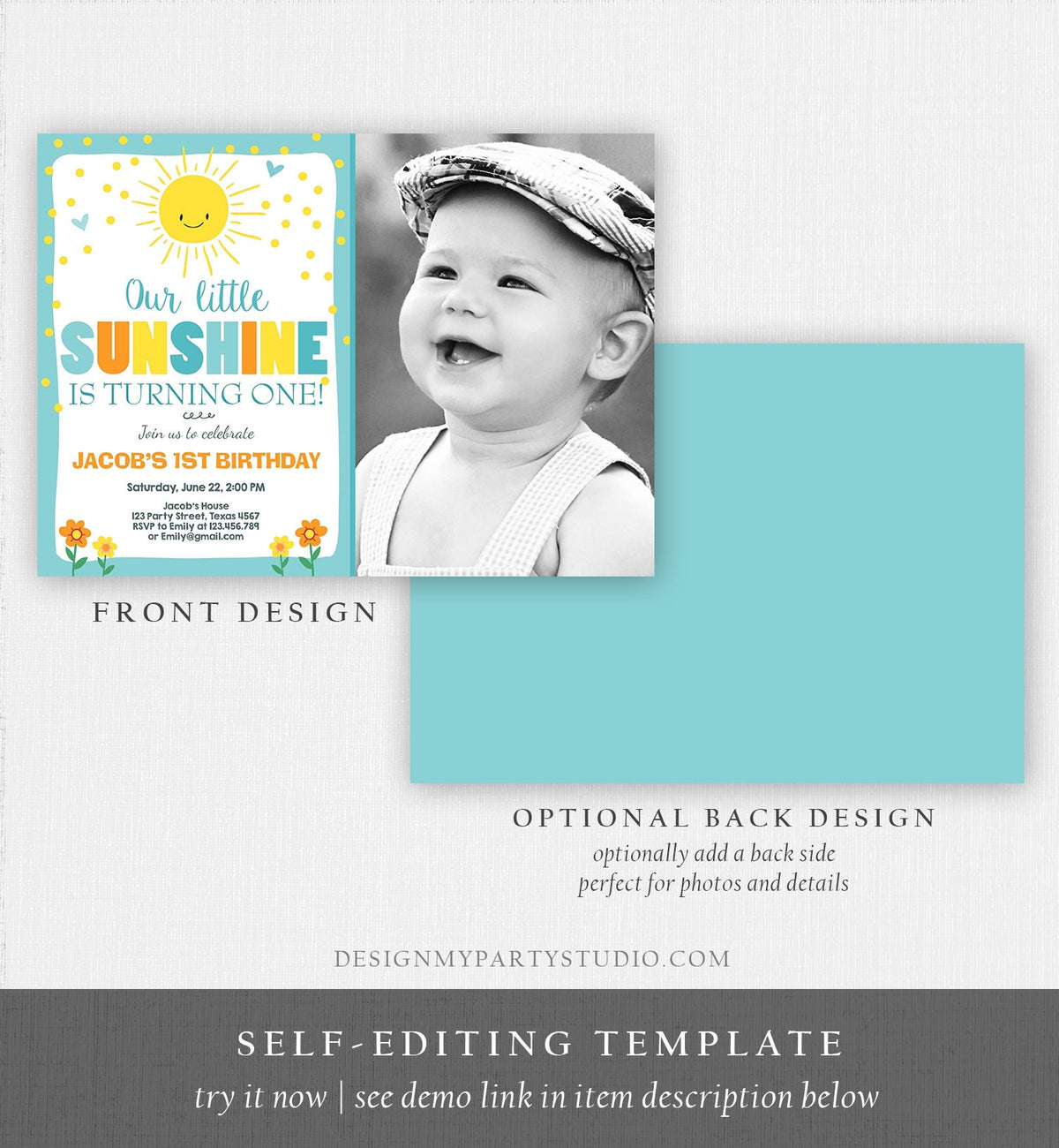 Editable Little Sunshine Birthday Invitation Boy Sunshine Party 1st First Birthday Blue Download Printable Invitation Template Corjl 0070