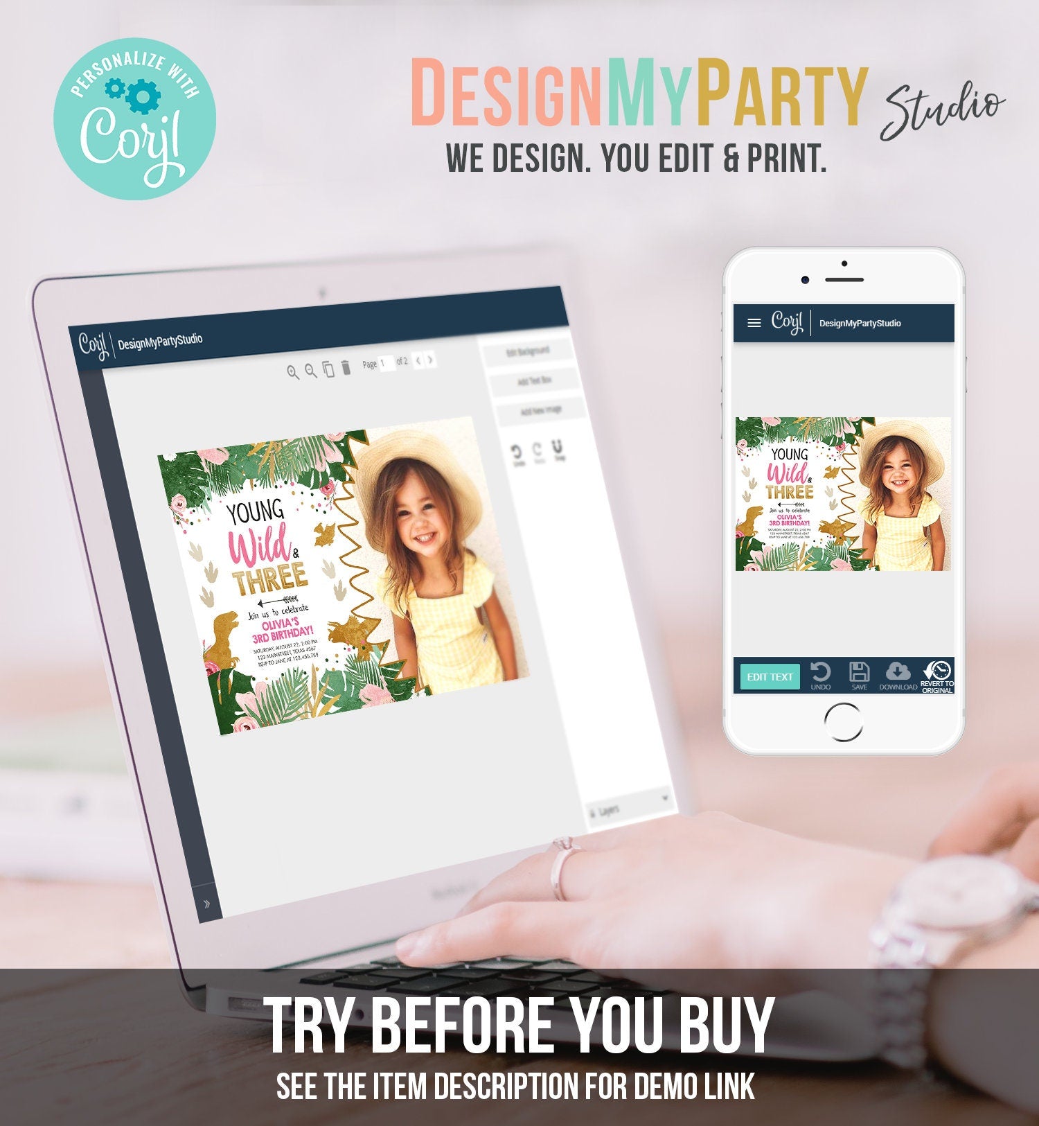 Editable Young Wild and Three Birthday Invitation Dinosaur Dino Party Girl 3rd Third Birthday Pink Gold Digital Template Printable 0146