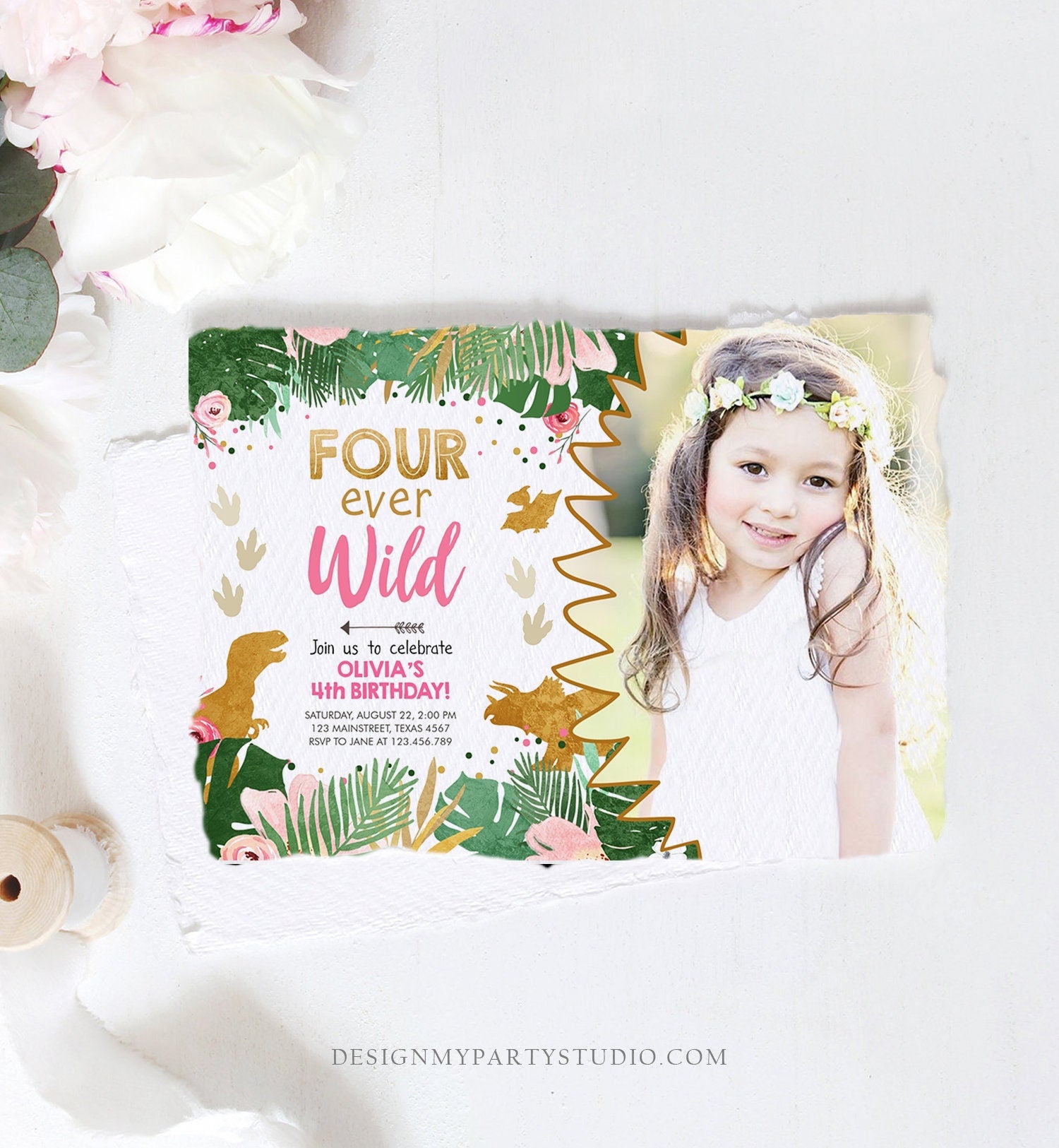 Editable Four Ever Wild Dinosaur Birthday Invitation Dino Party Girl 4th Fourth Birthday Pink Gold Fourever Corjl Template Printable 0146