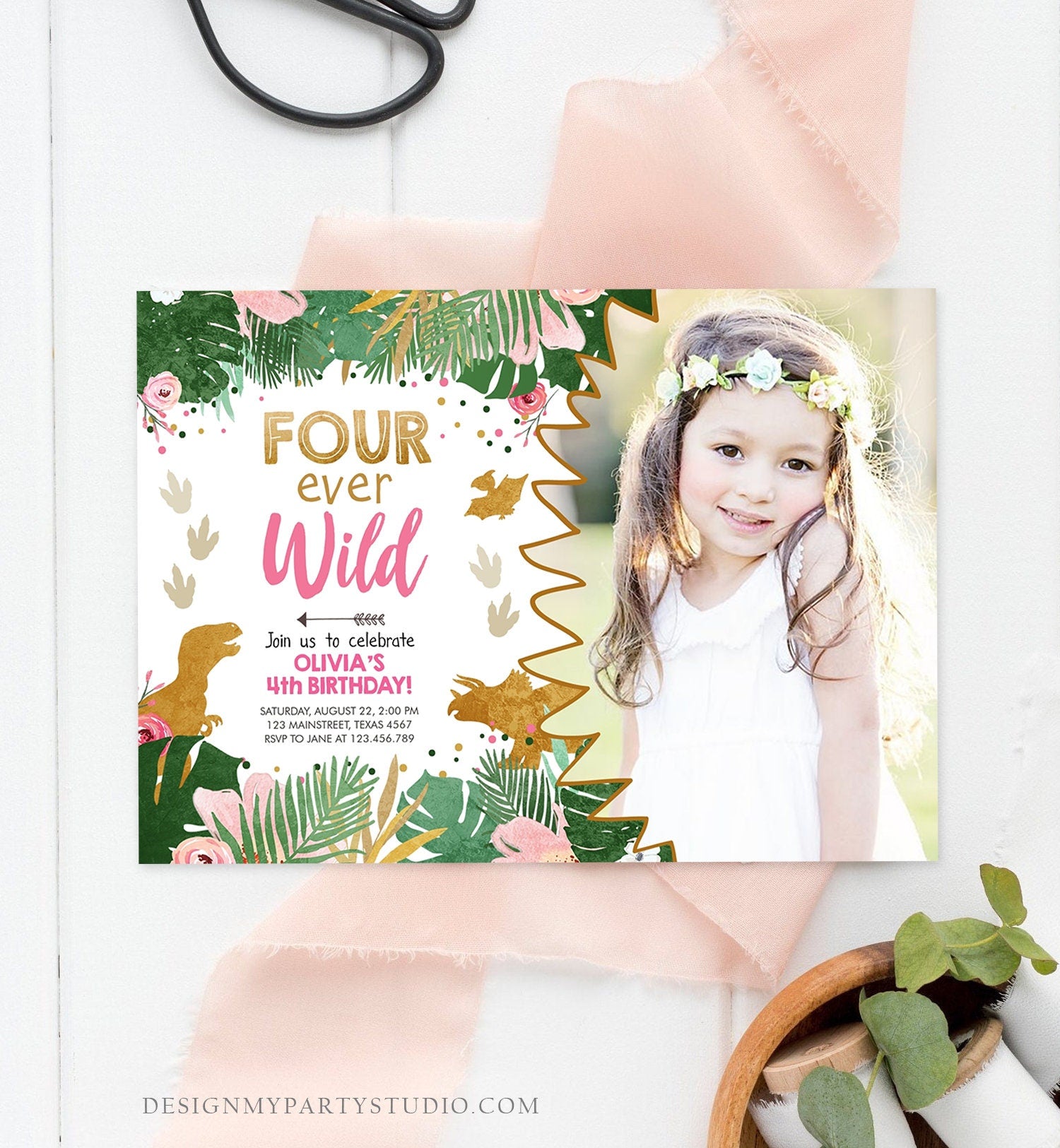 Editable Four Ever Wild Dinosaur Birthday Invitation Dino Party Girl 4th Fourth Birthday Pink Gold Fourever Corjl Template Printable 0146