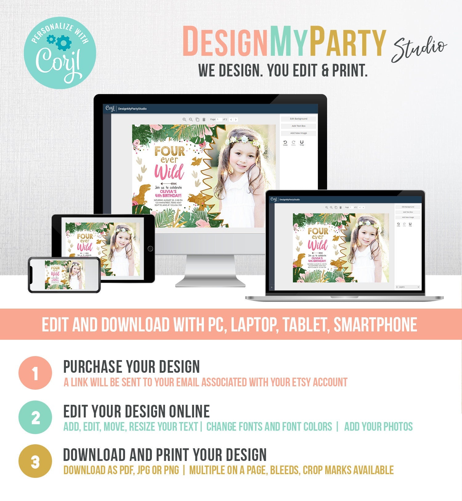 Editable Four Ever Wild Dinosaur Birthday Invitation Dino Party Girl 4th Fourth Birthday Pink Gold Fourever Corjl Template Printable 0146