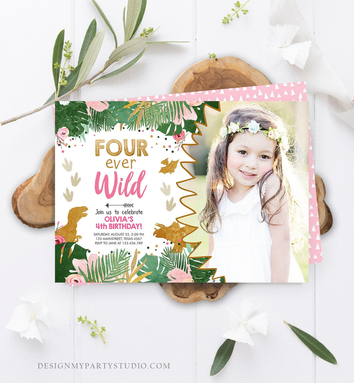 Editable Four Ever Wild Dinosaur Birthday Invitation Dino Party Girl 4th Fourth Birthday Pink Gold Fourever Corjl Template Printable 0146