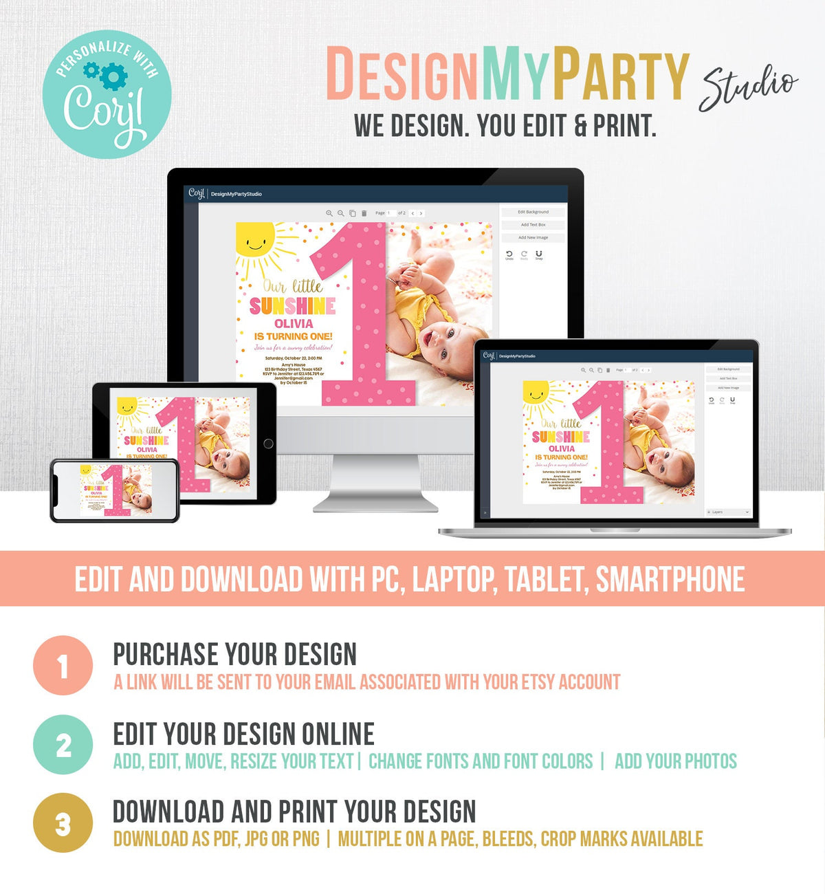 Editable Our Little Sunshine Birthday Invitation Summer Sunshine Party First Birthday 1st Party Sun Digital Download Template Evite 0070